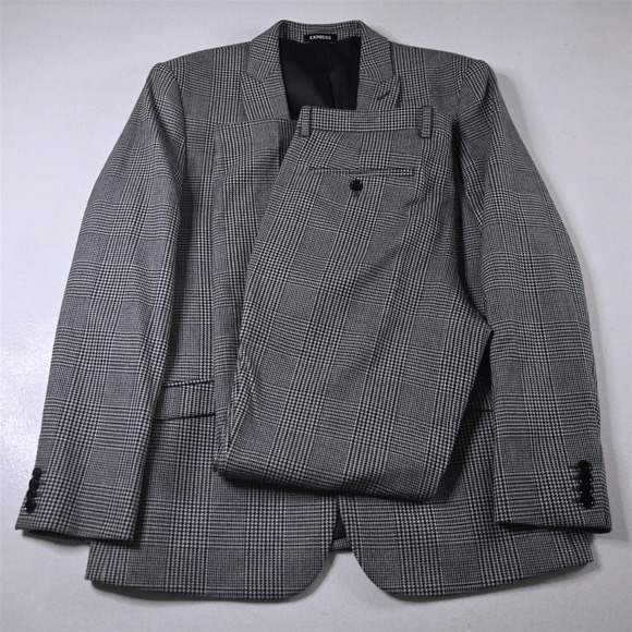Express 42R 32x32 Gray Flannel Glenn Check Extra Slim Mens Jacket Pants Suit